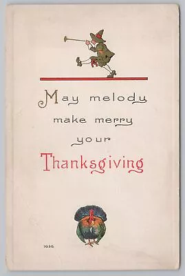 Holiday~Thanksgiving~Colonial Man Plays Trumpet~Turkey~Vintage Postcard • $2.80