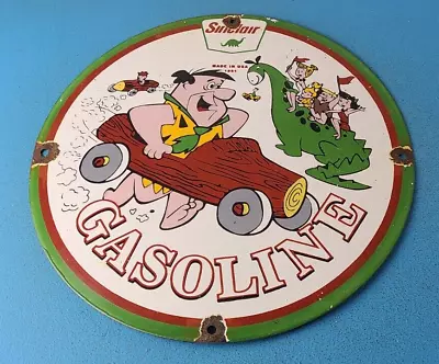 Vintage Sinclair Gasoline Porcelain Sign - Dino Flintstones Pump Plate Sign • $145.47