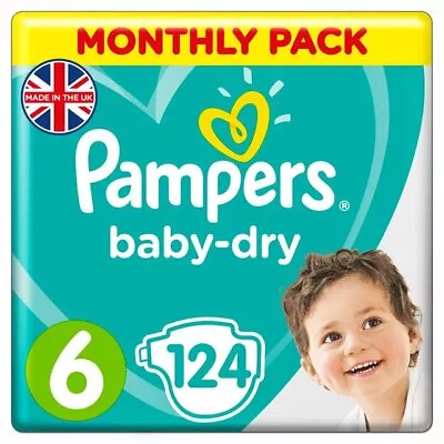 Pampers Baby Dry Size 6 Nappy 13-18kg Strong Stretchy - Monthly Pack 124 Nappies • £38.99