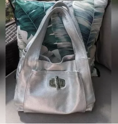B. MAKOWSKY 100% Leather Metallic Silver Shoulder Bag Hobo Satchel Style • $50