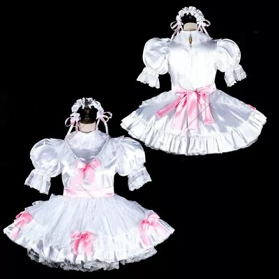 Sissy Maid White Satin Dress Lockable Uniform Cosplay Costume Set Tailor-made • $34