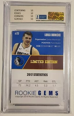 Luka Doncic Rookie Card Graded Gem Mint 10 💎 💎 💎 Mavericks Superstar BLUE VAR • $35