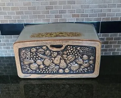 Vtg MCM Breadbox Biege Metal With Yellow Floral Design On Top Faux Wood Front • $36.95