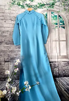 Ao Dai M Bộ Lụa Tây Thi Xanh Đức Mẹ Cổ Đính Cúc Ngực 88cm Eo 74 Cm (Áo +Quần) • $37