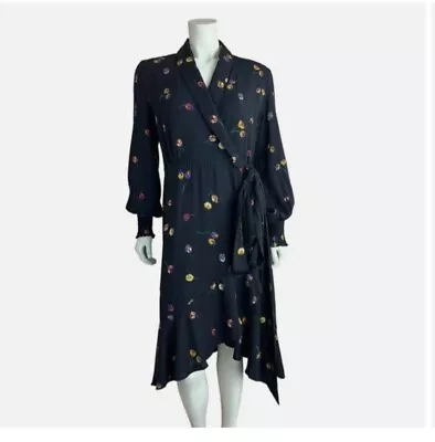 Cabi Floral Print Wrap Divine Dress Black Long Sleeve Bloom Ruffle Womens Size M • $35