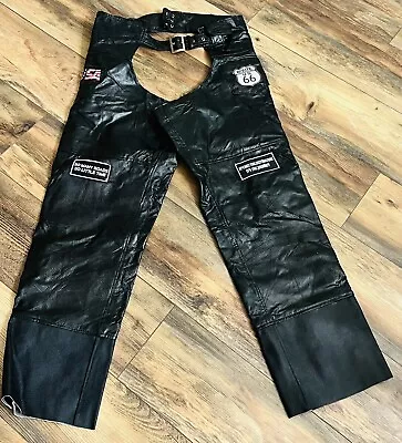 Diamond Plate Genuine Leather Chaps Motorcycle Patches Pants Men’s Sz XL Black • $26.10