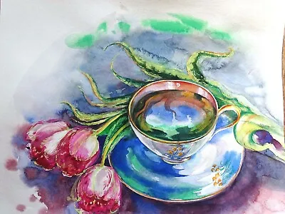 Watercolor Painting Aquarelle Hand Painted Flowers Tulips Cup Of Tea • $100