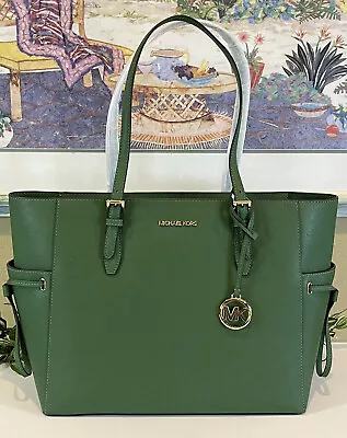 Michael Kors Gilly Large Drawstring Zip Tote Bag Laptop Mk Fern Green Leather • $127.99