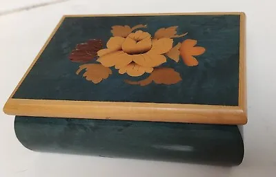 Vintage Italian Inlay Wood Trinket Box Turquoise Blue Flowers Lined 4.75  X 3.5  • $12.50