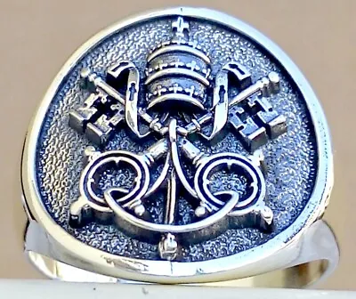 Sterling Silver 925 Vatican Christianity Crossed Keys Crown St. Peter Papal Ring • $112