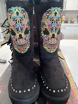 Montana West Fleece Lined Boots. Embroidered Sugar Skulls W/ Fringe Size 6 Dark • $69.99