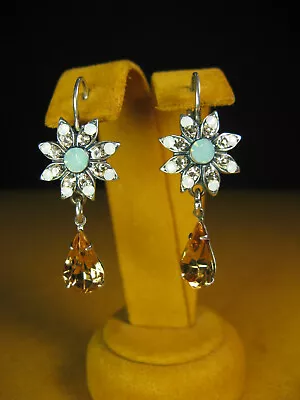 MARIANA EARRINGS FLOWER SWAROVSKI CRYSTALS BLUE OPAL AMBER BROWN Mothers Day Gft • $60