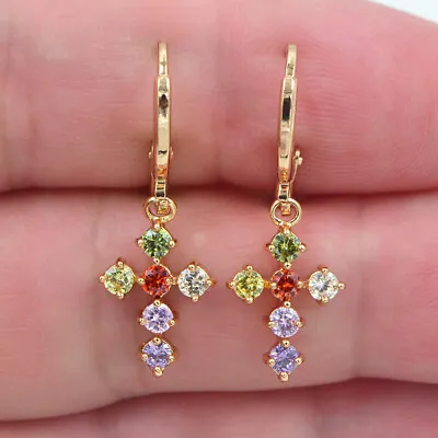 18K Yellow Gold Filled Women Multi-Coloured Mystic Topaz Cross Dangle Earrings • £4.99