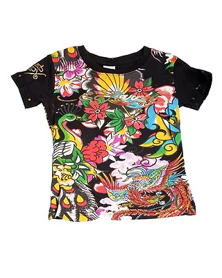 Super Cute Ed Hardy Girls Black Tee Shirt W/Birds Flowers Motif Short Sleeve • £19