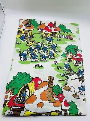 Vtg 80s Lawtex Smurfs Twin Fitted Bed Sheet USA Made Cotton Blend Mushrooms • $24.99