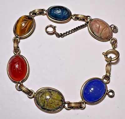 Vintage 12K GF Carved Carnelian Unakite Onyx Bloodstone Scarab 7.5  Bracelet • $53.99