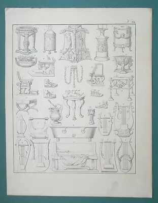 ROMAN MUSIC Instruments Utensils Lyre Altar Chair Footware - 1828 Antique Print • $22