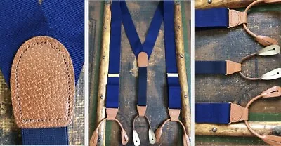 Vtg Suspenders Cotton Faille Woven Braces Blue Tan Brown Pebbled Leather Euc • $18