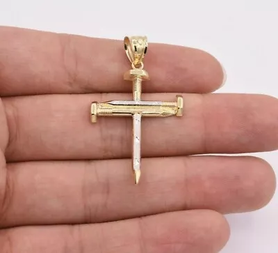 1 3/4  Screw Nail Cross Charm Pendant Diamond Cut Real 10K Yellow White Gold • $131.99