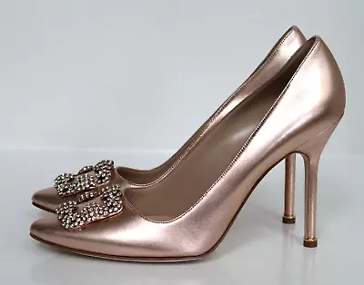 10.5 / 40.5 Manolo Blahnik Gold Leather Brooch Hangisi Crystal Buckle Pump Shoes • $675