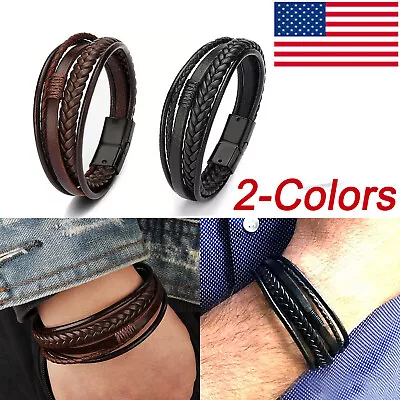 Men Jewelry Black Braided Leather Bracelet Multi-Layer Stainless Steel Clasp • $7.49