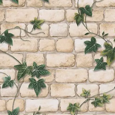 Decoro Stone Brick Realistic Wall Green Ivy Leaves AS Creation Wallpaper 980434 • $35.65