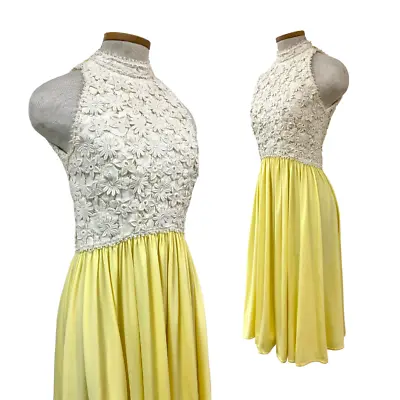 Vtg 60s 1960s Victoria Royal Buttercup Yellow Floral Appliqué Mod Party Dress • $148