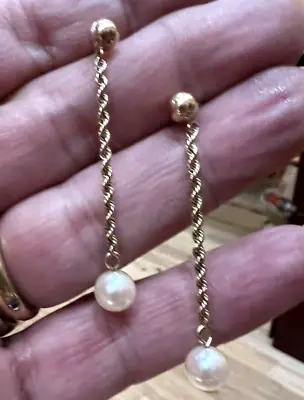 14K Yellow Gold Pearl Earrings 1.9  Long Handmade W/Mikimoto Pearls • $194