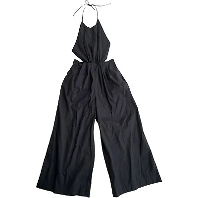 $204 • Buy Staud Size 0 Jumpsuit Side Cutout Halter Black Wide Leg H2