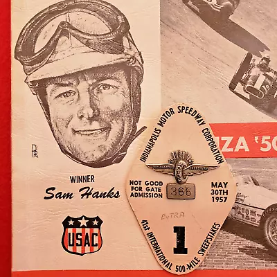 $279 • Buy 1957 Indy 500 SILVER #366 Pit Badge/BUC #1 W/Clymer's Yearbook - SAM HANKS Wins!