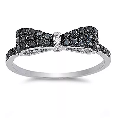 Sterling Silver 925 LADIES MICRO PAVE BOW W/BLACK CLEAR CZ RING 5MM SIZES 5-12 • $20.88