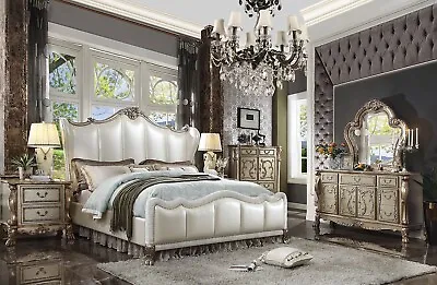 Traditional Furniture - 5 Piece Gold & Faux Leather Queen King Bedroom Set AA1 • $4636.91