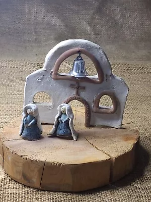 Rustic Handcrafted Signed Pottery Mission Church 2 Nuns Wood Slab OOAK FolkArt  • $49