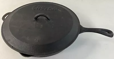 Large Cabela's 14  Cast Iron Skillet Fry Pan Double Pour Spouts Lidded Campout • $1