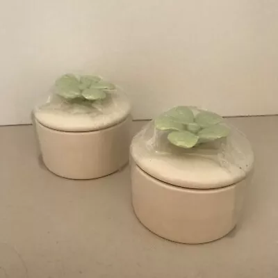 Round Ceramic White Trinket Box With Green Flower On Lid 3 X 2  • $3