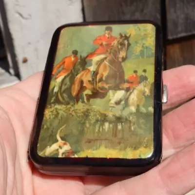 RARE Vintage Antique 3.25  Military Riding Horses Cigarette Box Case Holder LOOK • $2.99