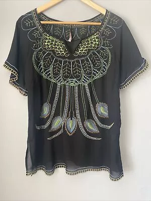 Mushka By Sienna Rose Semi Sheer Peacock Embroidered Boho Black Blouse Sz L • $16.25