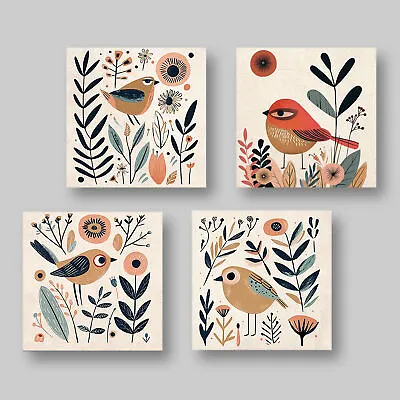 A Set Of 4 Prints Boho Mid Century Whimsical Birds Plants Flowers 4X001C • $83.20