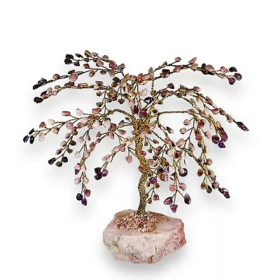 Vintage Pink Rose Quartz Purple Amethyst Gemstone Bonsai Money Tree Brass Wire • $34.99