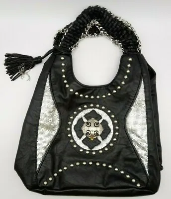 Miss Me Black Handbag Fleur Design Studs & Sequence W/Purple Lining RN 100622 • $49.85