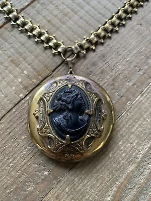 Antique Vintage Victorian Cameo Mourning Necklace Pendant Locket Unique Chain • $95