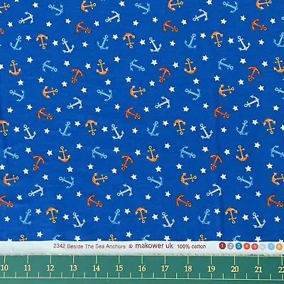 $6.50 • Buy Beside The Sea, Anchors On Blue, Fat 1/4 , Quilting Cotton Fabric, Makower UK