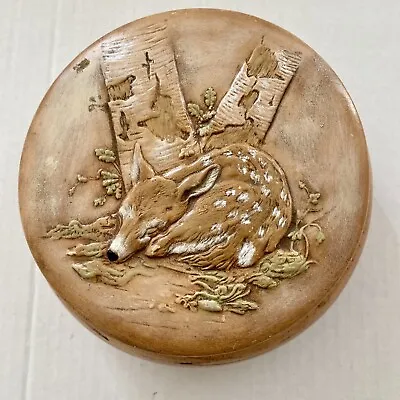 Vintage Ceramic Fawn Deer Woods Trinket Box Round Lidded Vanity Jar SUPER CUTE! • $37.49