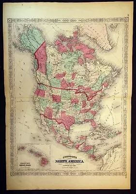 1867 Color Map Johnson's North America Steel Engraving US Canada Mexico • $39.50