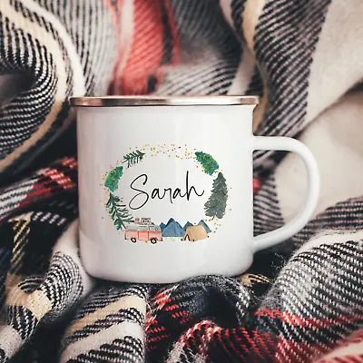 Personalised Script Camper Van Enamel Camping Mug - Tin Camper Mugs - (Design 3) • £13.50