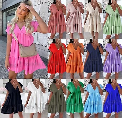 Women Ladies V Neck Frill Layered Summer Beach Tiered Smock Swing Mini Dress Top • £12.95