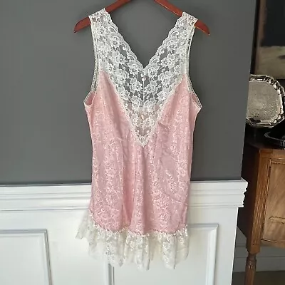 Vtg 80's Val Mode Lingerie Pink Lace Ruffle Nightie Teddy V-neck Chemise Medium • $19