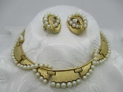 Vintage Estate Jewelry Crown Trifari Faux Pearl Choker Necklace Clip Earrings • $149