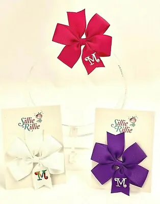 3 Personalized Hairbows Lot Girls Monogram Dark Pink Purple White Initial M • $9.99