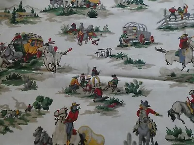 VINTAGE Cowboy Print Heavy Cotton Fabric Upholstery/curtain  140cm X 102cms Wide • £60